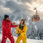 Couple skiing and laughing in fresh powder snow at Gulmarg with Gondola cable car ascending toward Apharwat Peak - Kashmir winter tour packages 2026
