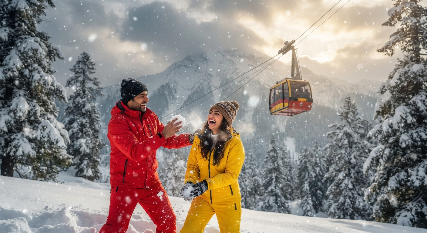 Couple skiing and laughing in fresh powder snow at Gulmarg with Gondola cable car ascending toward Apharwat Peak - Kashmir winter tour packages 2026