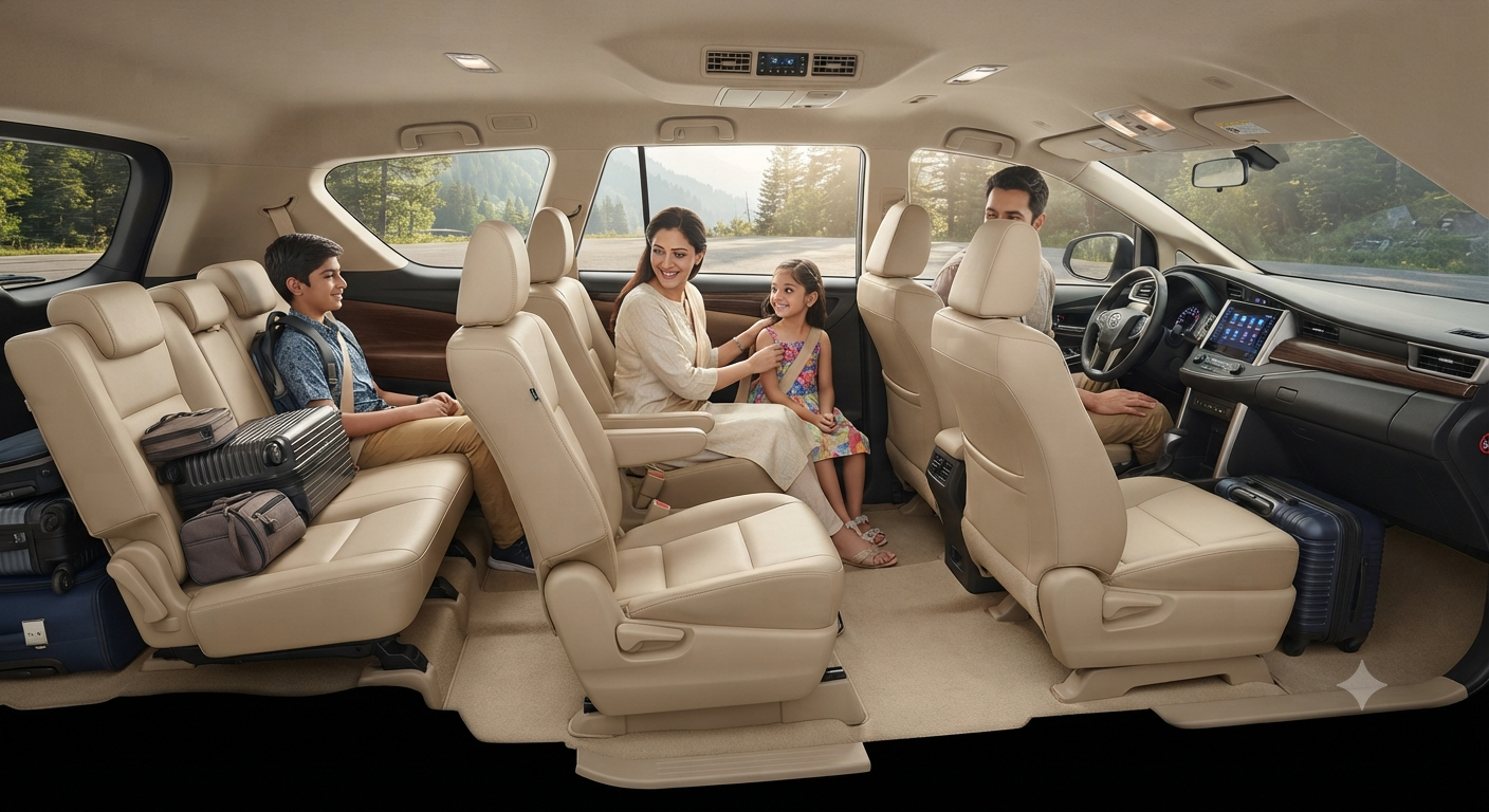 Family Cab Service in Kashmir 2026 | Best Rates & Packages 6 Family cab service in Kashmir - happy family with Innova SUV near Dal Lake