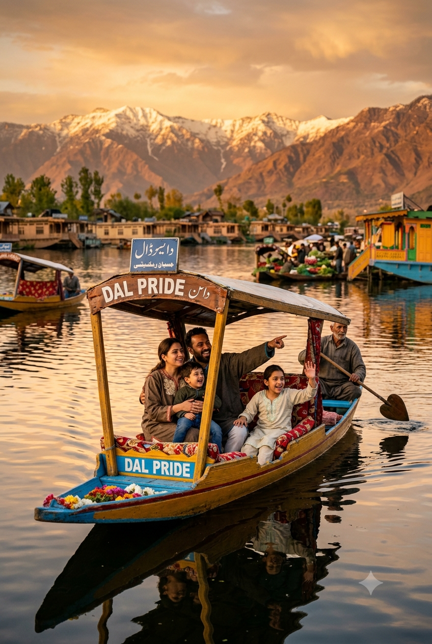 Family trip Kashmir 2026 - happy family of four on shikara ride at Dal Lake golden hour