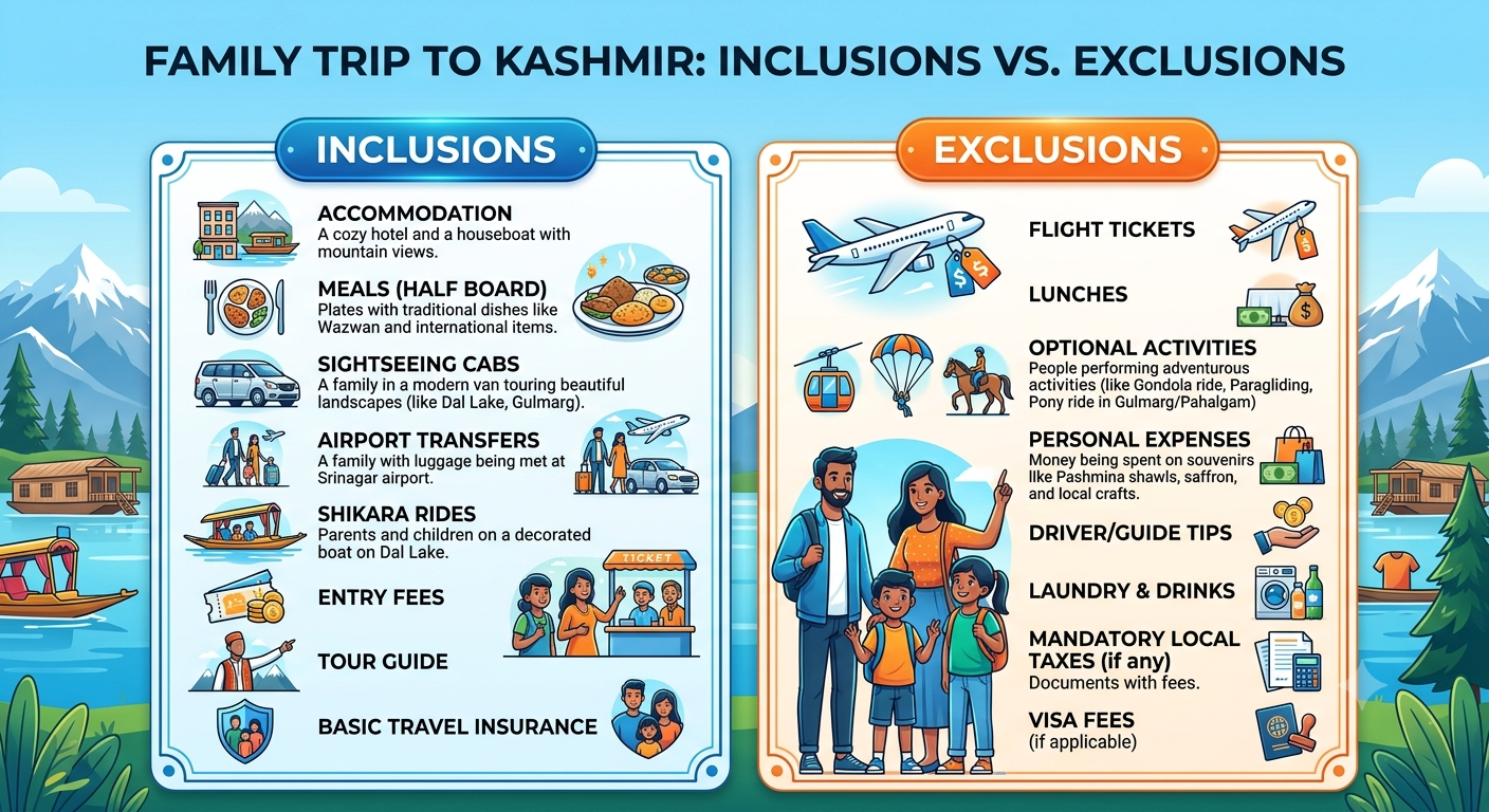 Family trip Kashmir 2026 - inclusions and exclusions infographic