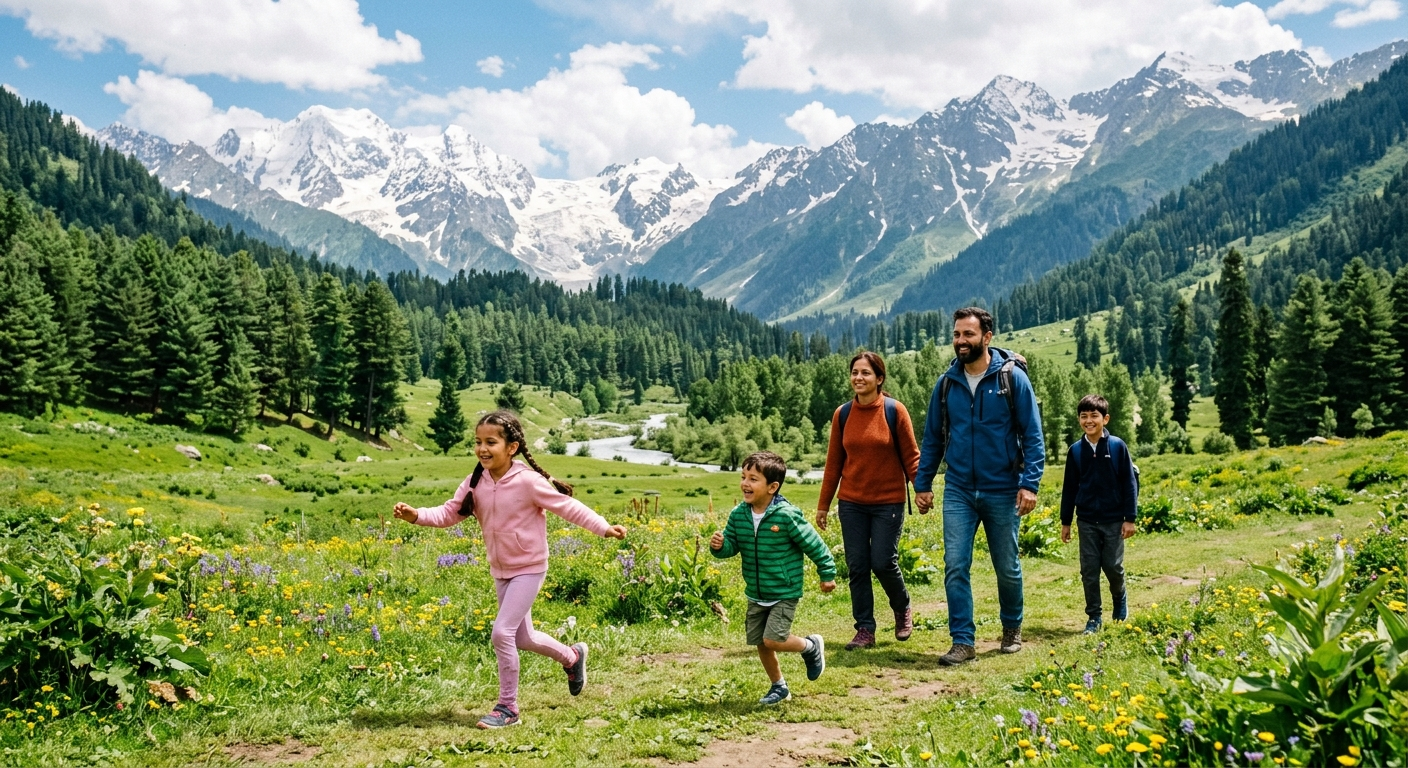 Family Trip Kashmir Itinerary 5 Nights 6 Days 2026 | ₹14,500 | Book Now 12 Family trip Kashmir itinerary 5 nights 6 days 2026 - family in Betaab Valley Pahalgam