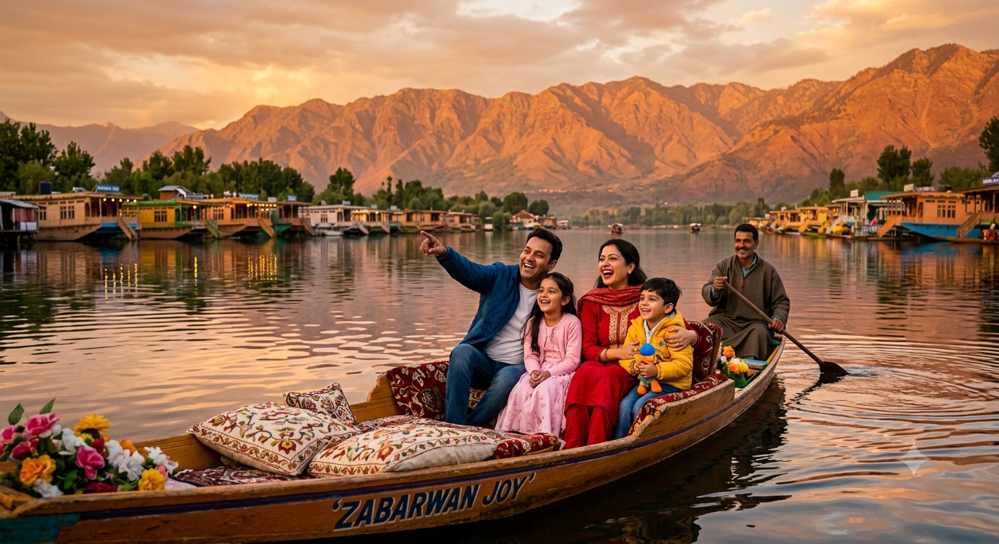 Family Trip Kashmir Itinerary 5 Nights 6 Days 2026 | ₹14,500 | Book Now 8 Family trip Kashmir itinerary 5 nights 6 days 2026 - happy family on shikara at Dal Lake