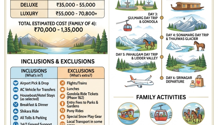 Family trip Kashmir itinerary 5 nights 6 days 2026 infographic - pricing, itinerary, family activities, inclusions