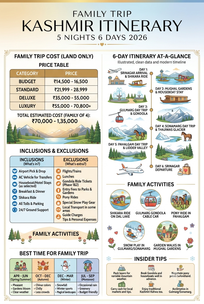 Family trip Kashmir itinerary 5 nights 6 days 2026 infographic - pricing, itinerary, family activities, inclusions