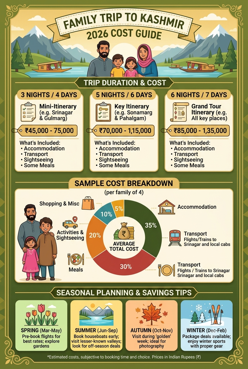Family trip to Kashmir 2026 cost guide infographic - package prices and budget breakdown