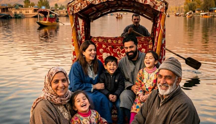 Family trip to Kashmir 2026 - multigenerational family enjoying shikara ride on Dal Lake