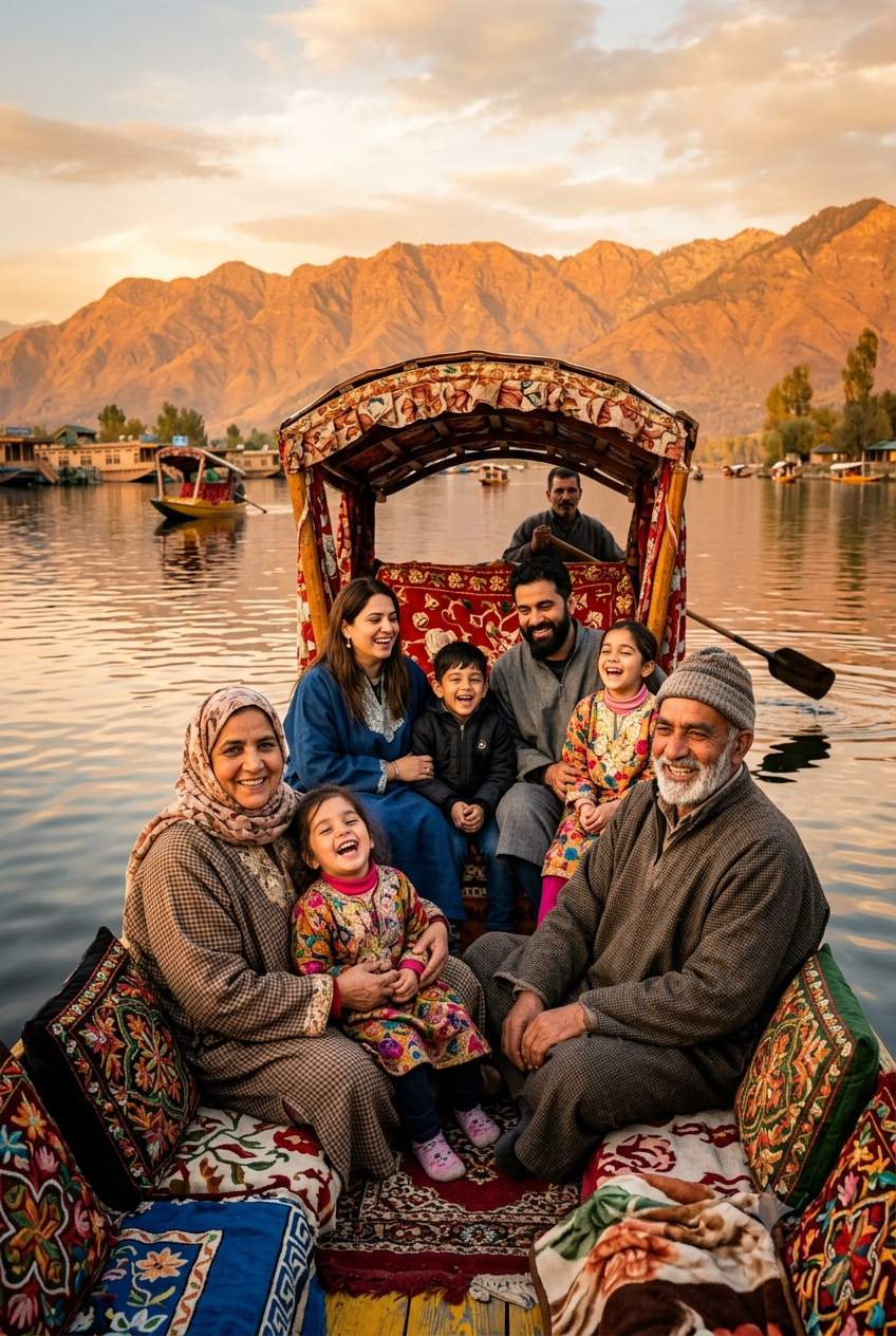 Family trip to Kashmir 2026 - multigenerational family enjoying shikara ride on Dal Lake