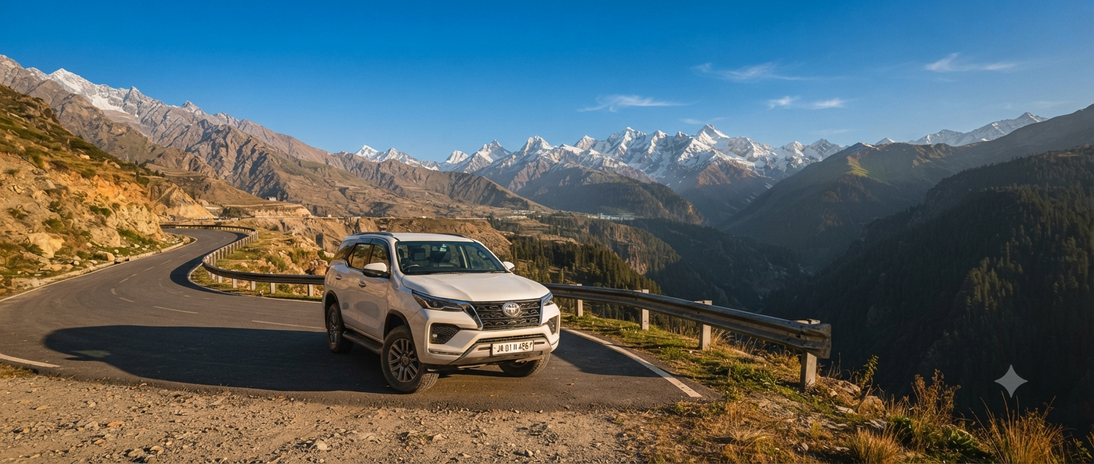 Fortuner cab service Kashmir rates 2026 - Toyota Fortuner on mountain road with Himalayas