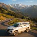 Fortuner cab service Kashmir rates 2026 - Toyota Fortuner on mountain road with Himalayas