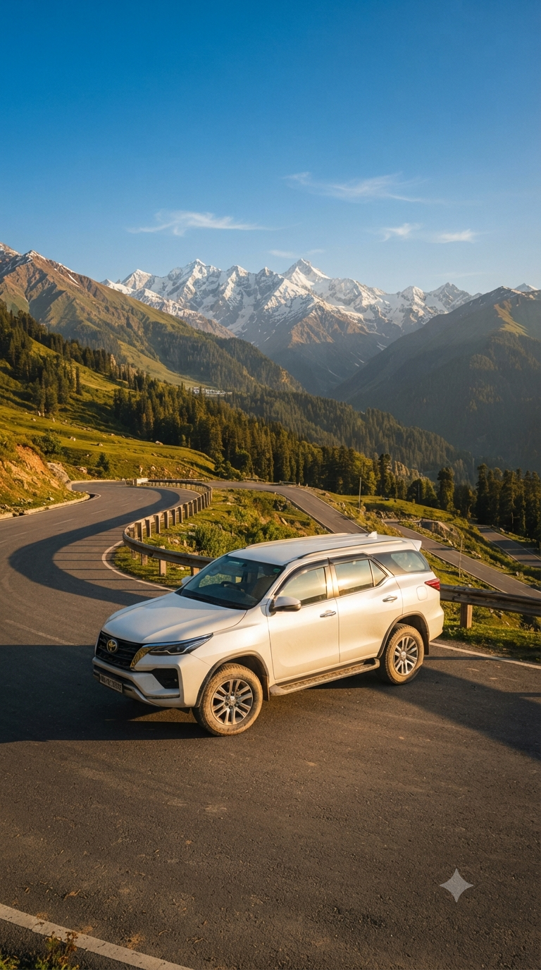 Fortuner cab service Kashmir rates 2026 - Toyota Fortuner on mountain road with Himalayas