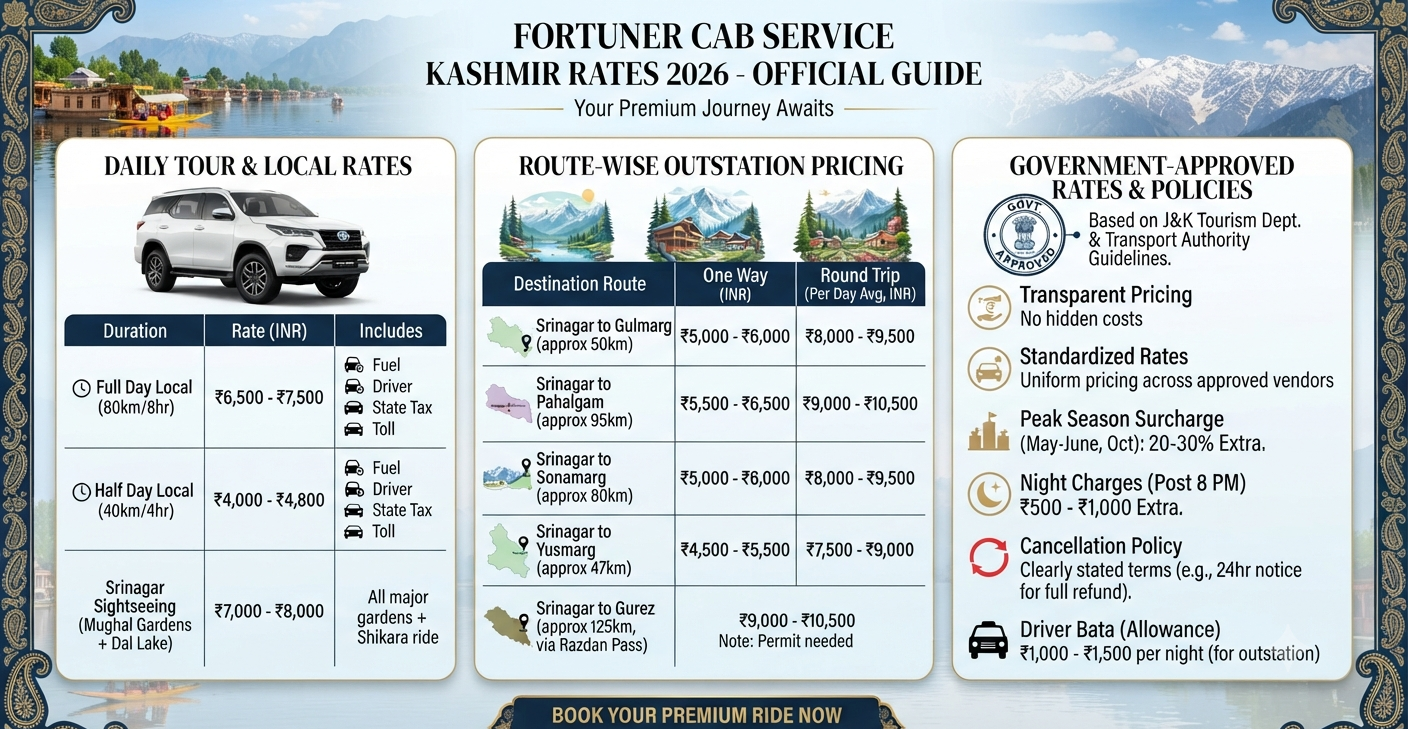 Fortuner cab service Kashmir rates 2026 - complete pricing infographic