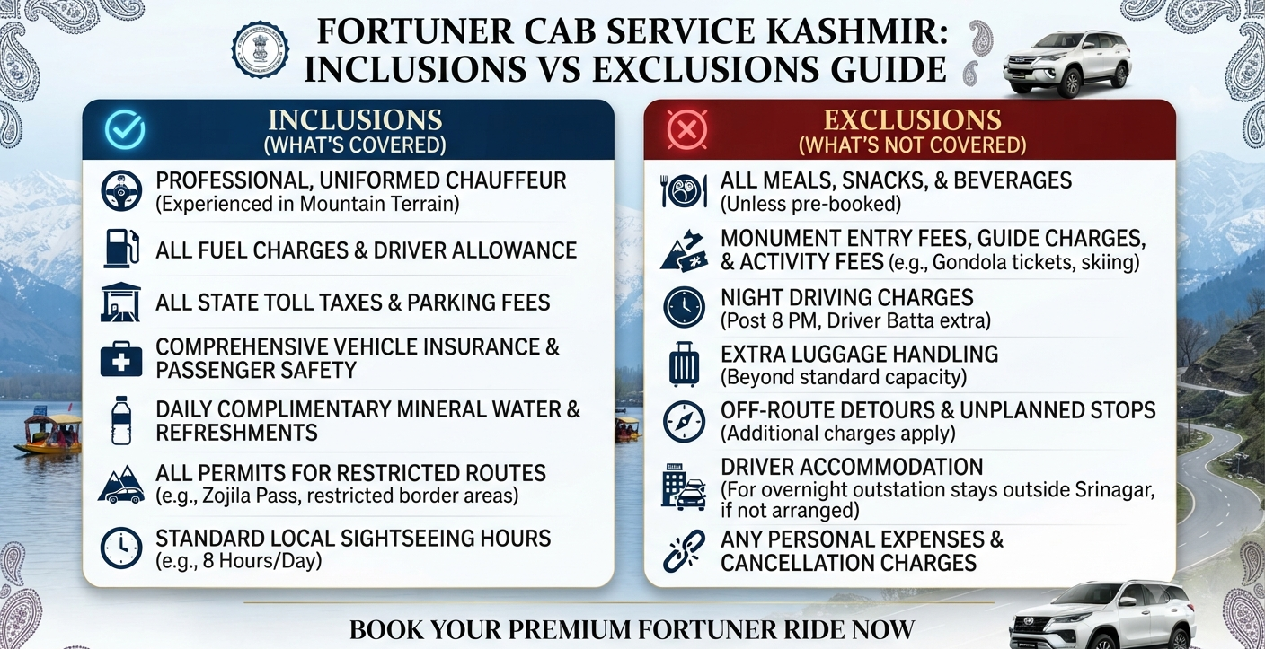 Fortuner cab service Kashmir rates 2026 - inclusions and exclusions infographic