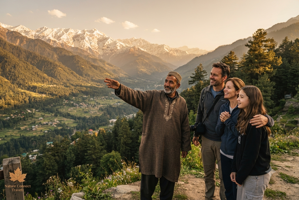 Full day taxi in Srinagar 2026 - driver-guide showing scenic valley to tourists