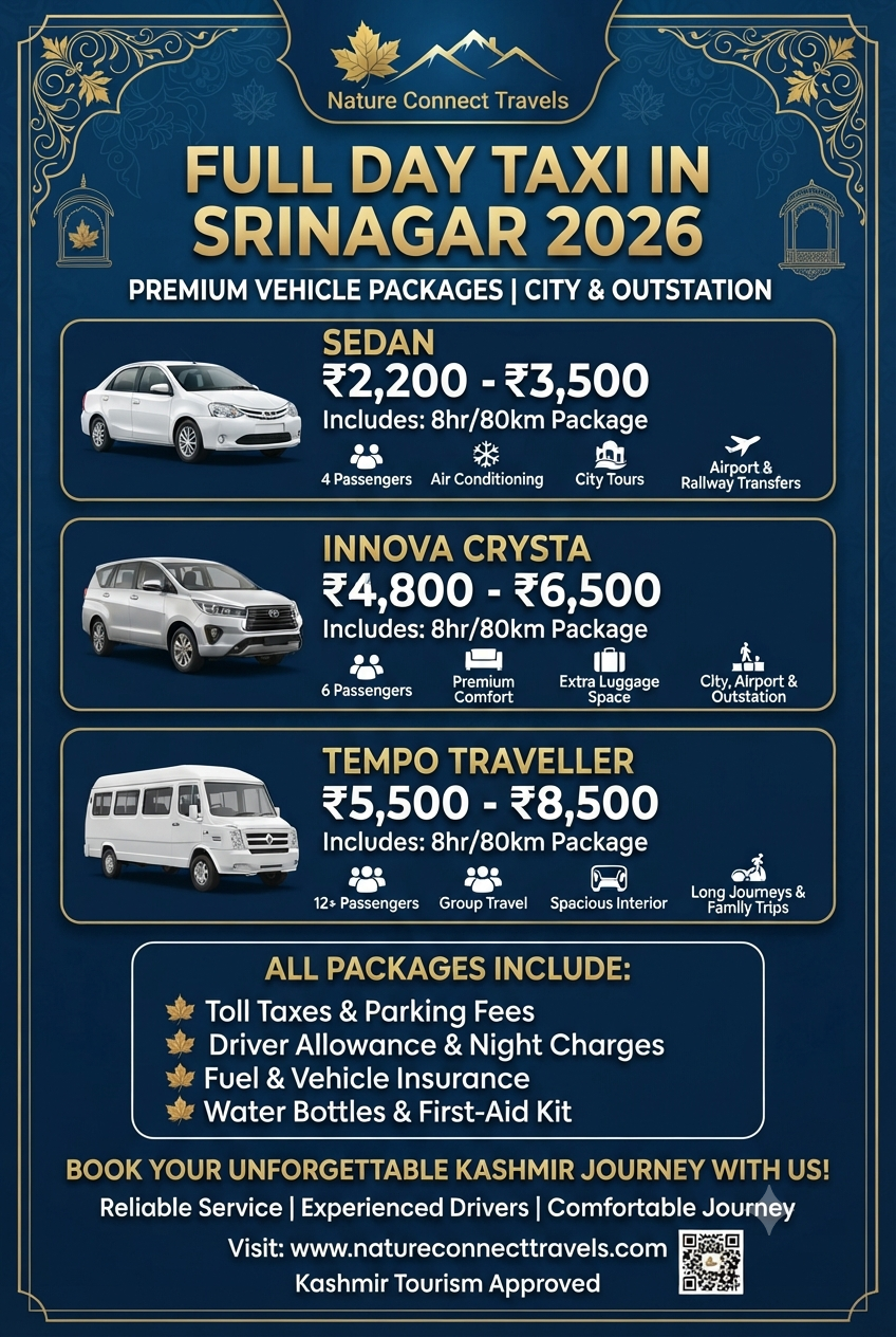 Full day taxi in Srinagar 2026 infographic - vehicle options and daily rates