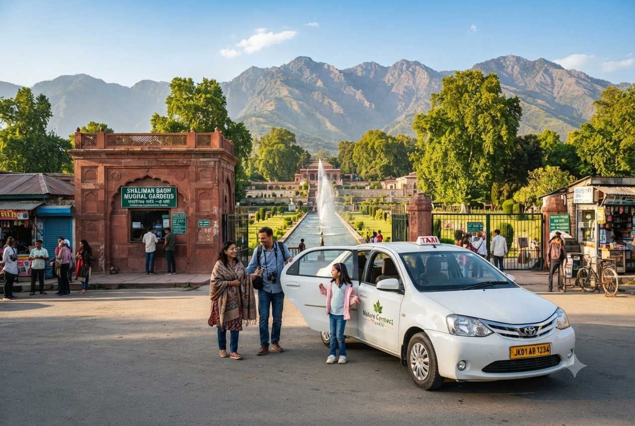 Full day taxi in Srinagar 2026 - sedan at Shalimar Bagh Mughal Gardens