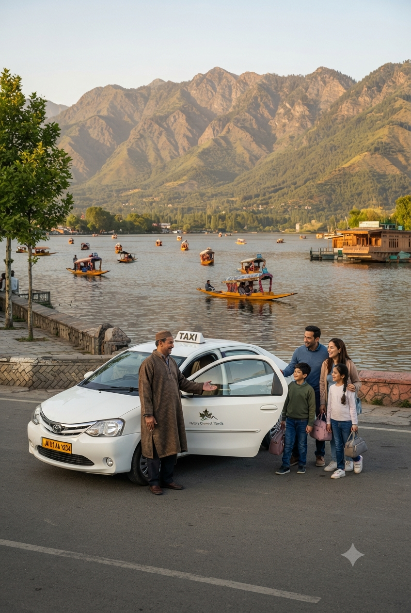 Full day taxi in Srinagar 2026 - sedan taxi on Dal Lake Boulevard with family