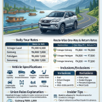 Best Fortuner taxi service in Srinagar 2026 infographic - daily rates, route pricing, vehicle specifications