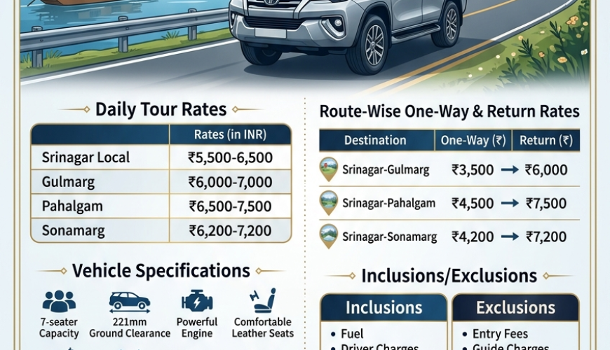 Best Fortuner taxi service in Srinagar 2026 infographic - daily rates, route pricing, vehicle specifications