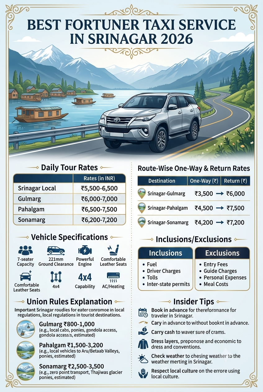 Best Fortuner taxi service in Srinagar 2026 infographic - daily rates, route pricing, vehicle specifications