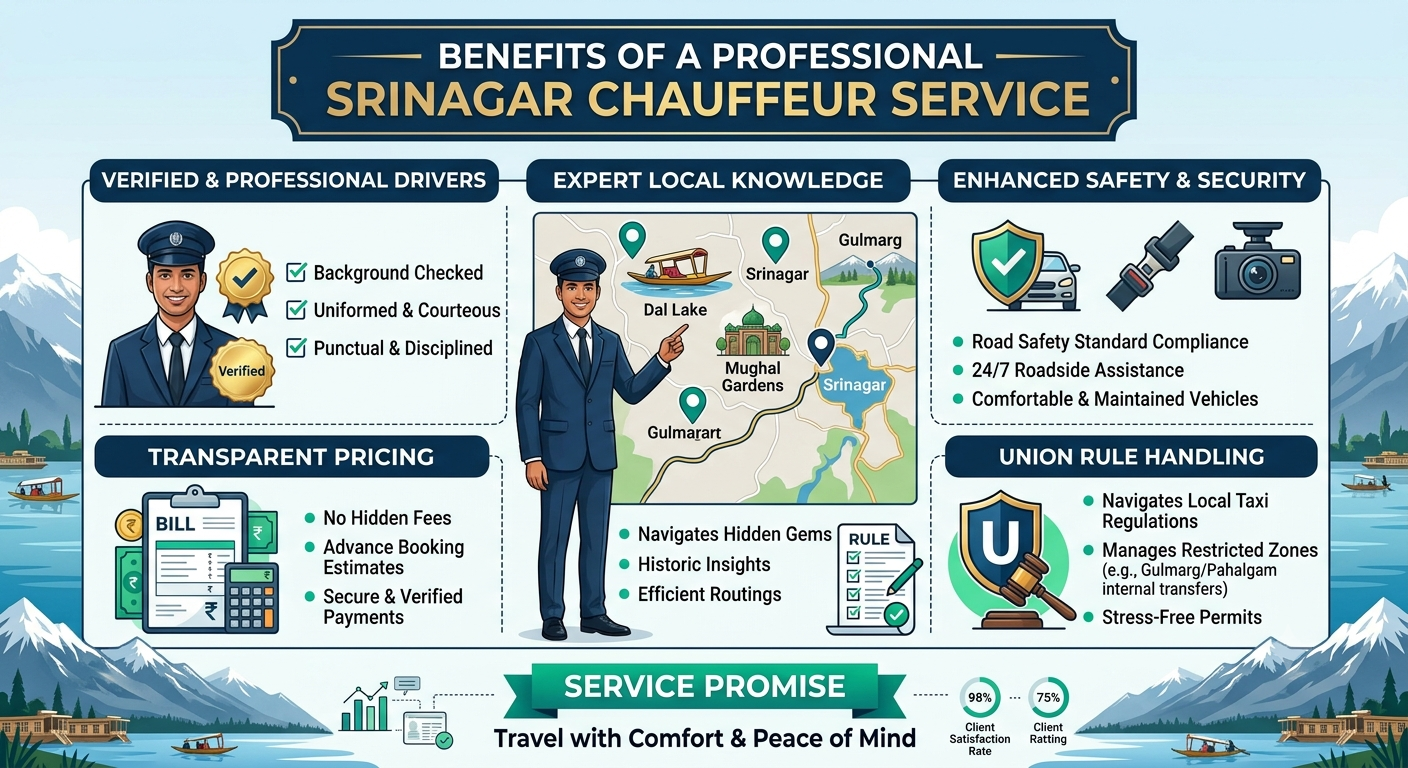 Srinagar Chauffeur Service 2026 | ₹3,000/Day | Hire Driver | Book Now 7 Srinagar chauffeur service 2026 - benefits infographic