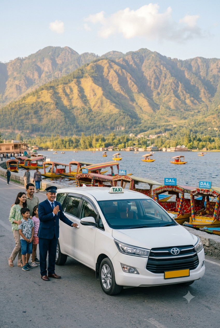 Best taxi service in Kashmir 2026 - Innova Crysta on Dal Lake Boulevard with professional driver