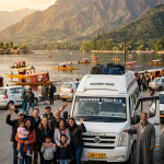 Group cab service Srinagar 2026 - happy group with Tempo Traveller on Dal Lake