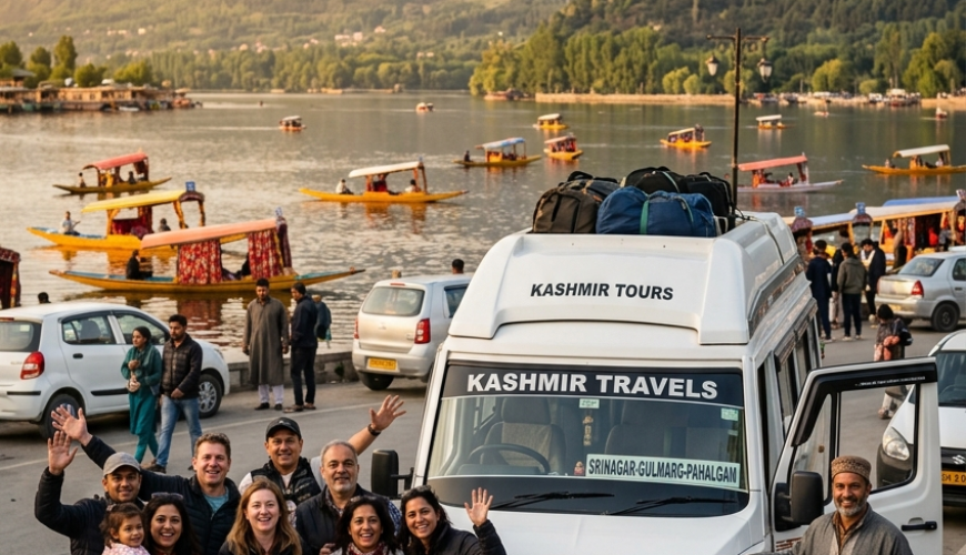 Group cab service Srinagar 2026 - happy group with Tempo Traveller on Dal Lake
