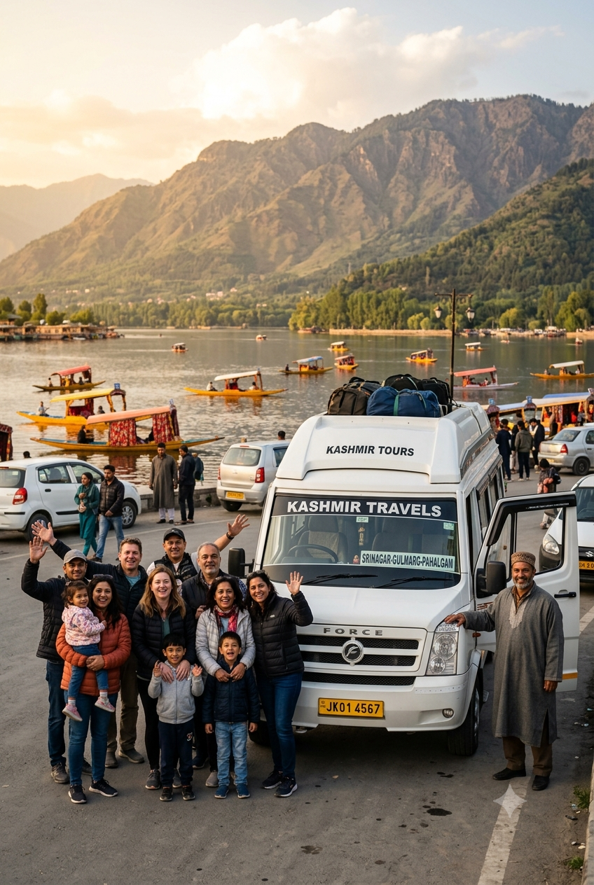 Group cab service Srinagar 2026 - happy group with Tempo Traveller on Dal Lake