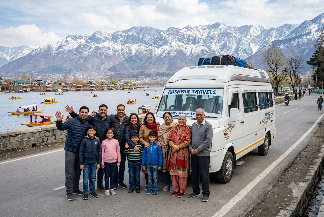 Group cab service Srinagar 2026 - happy group with Tempo Traveller
