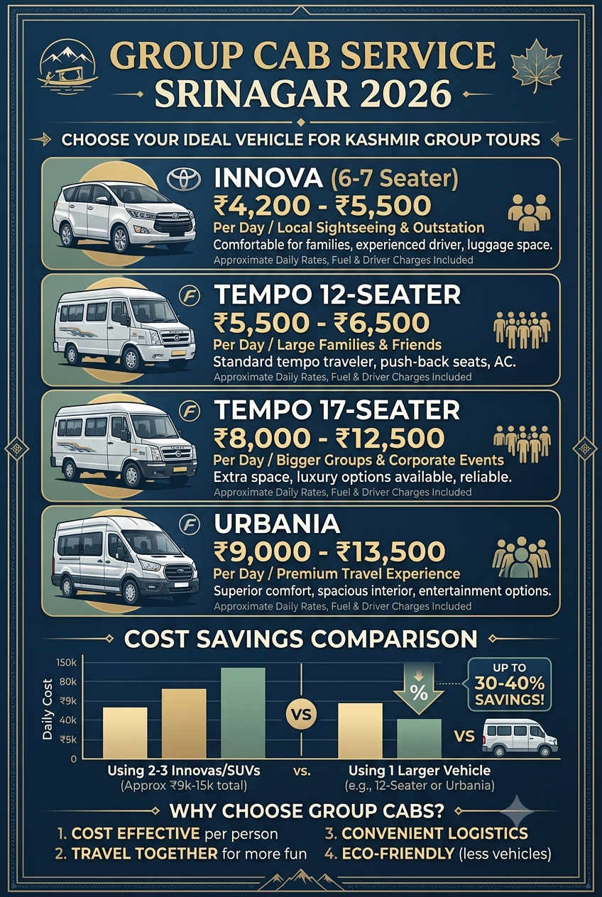 Group cab service Srinagar 2026 infographic - group vehicle options and cost savings