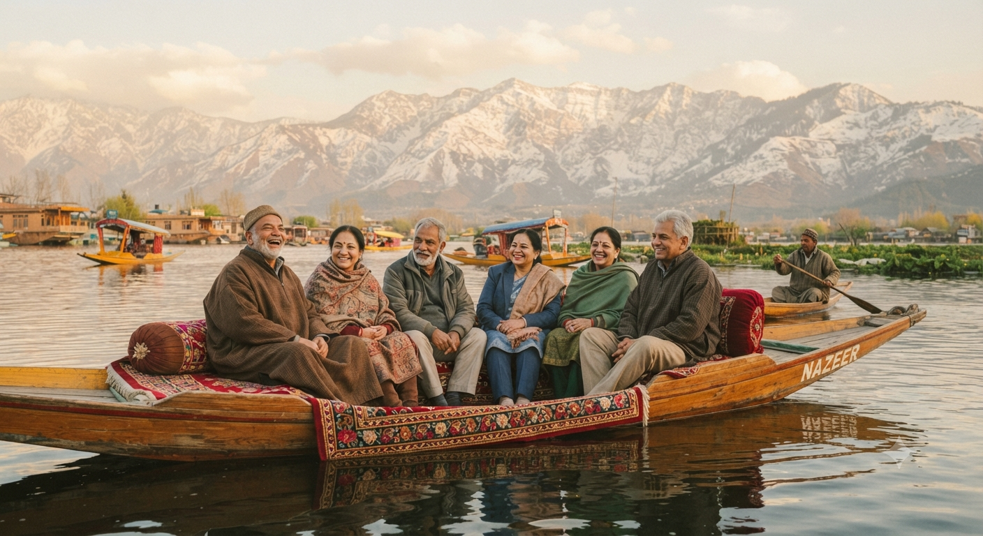 Group of senior citizens enjoying a shikara ride on Dal Lake with snow-capped mountains, senior-friendly Kashmir tour package