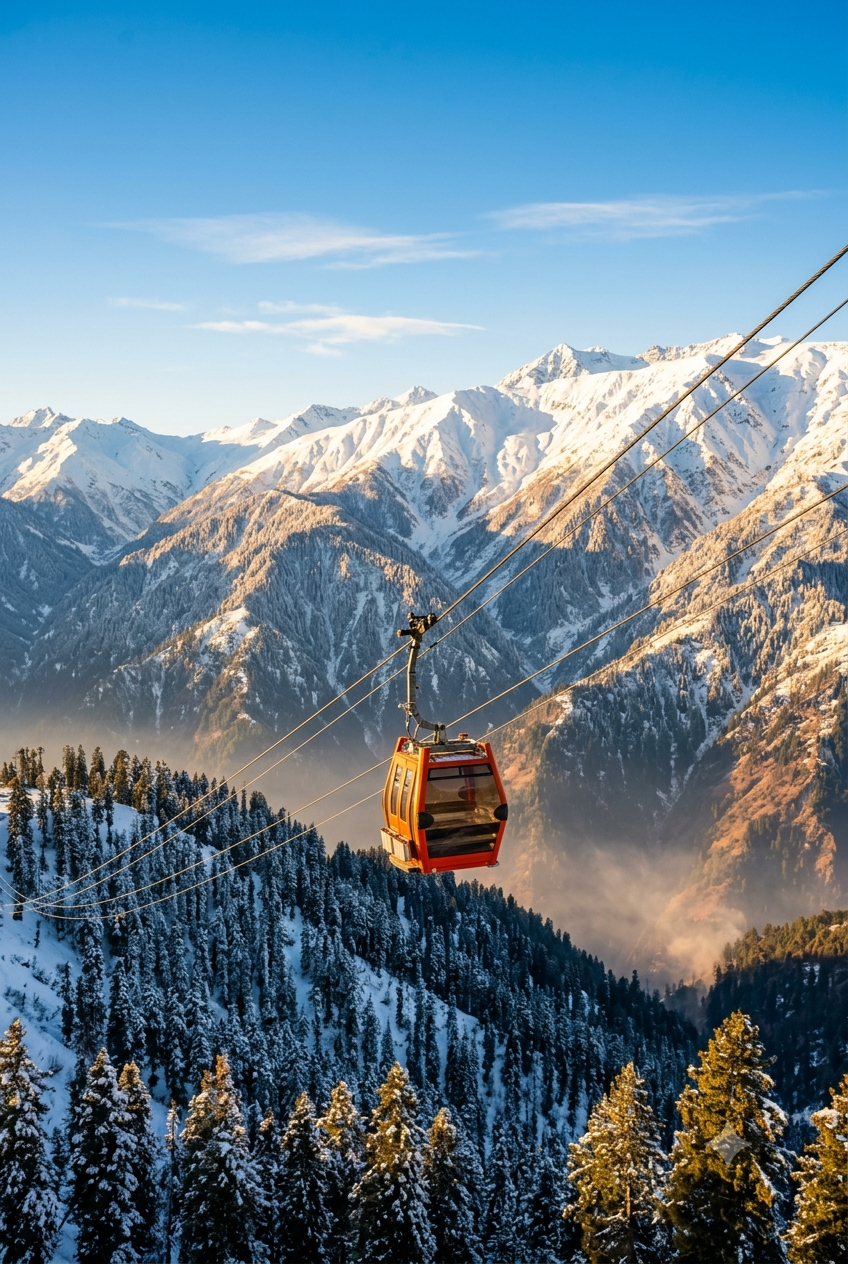 Gulmarg cable car booking 2026 - Gondola ascending above snow-covered Himalayas