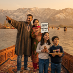 Happy Indian family of four calculating Kashmir trip cost per person for family 2026 while enjoying houseboat stay on Dal Lake with Zabarwan mountains in background