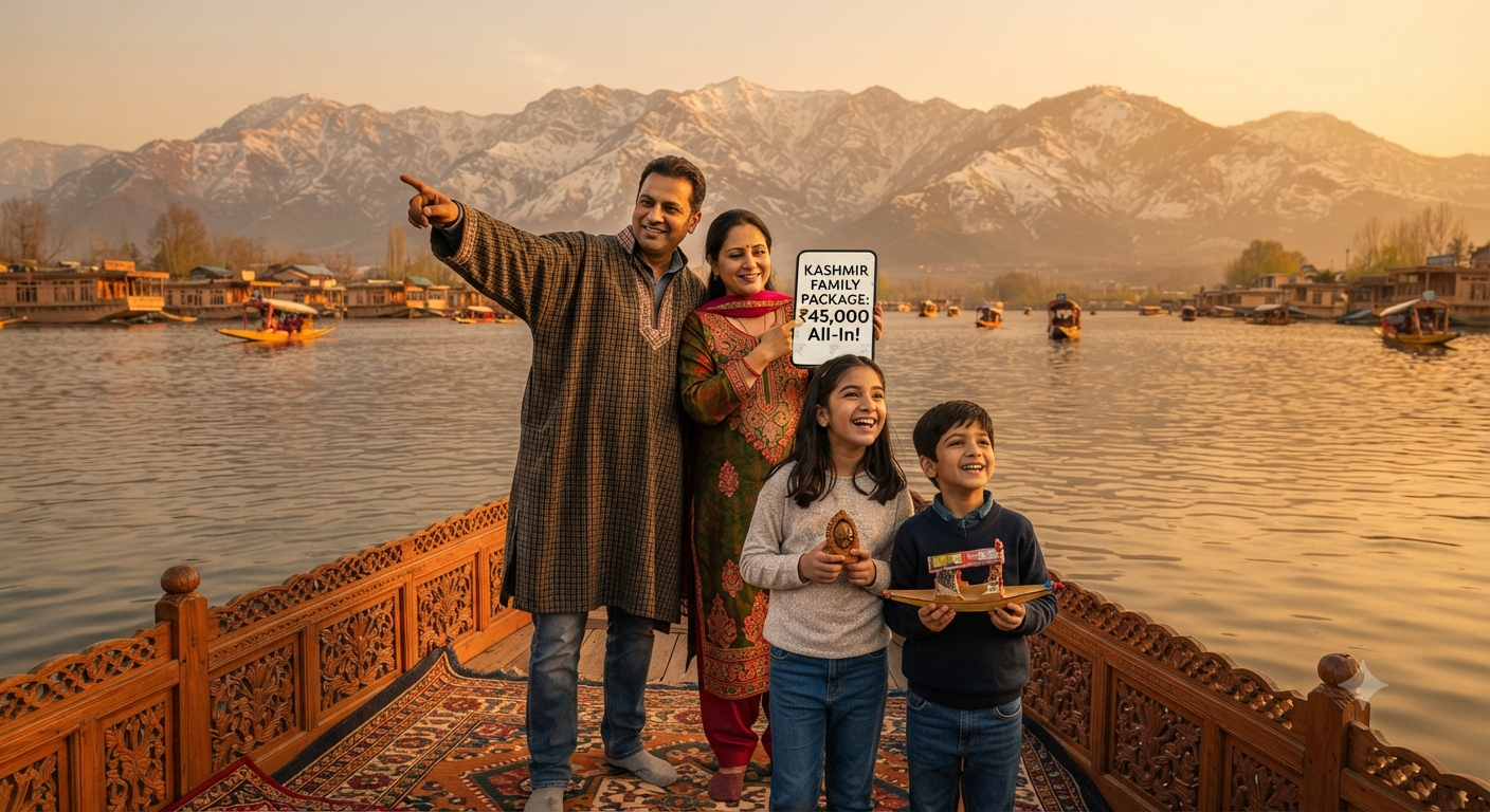 Happy Indian family of four calculating Kashmir trip cost per person for family 2026 while enjoying houseboat stay on Dal Lake with Zabarwan mountains in background