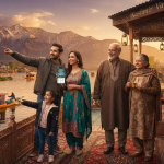 Indian family of five calculating Kashmir trip cost for 7 days while enjoying houseboat sunset view on Dal Lake with Zabarwan mountains in background