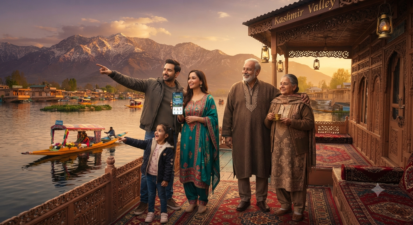 Indian family of five calculating Kashmir trip cost for 7 days while enjoying houseboat sunset view on Dal Lake with Zabarwan mountains in background