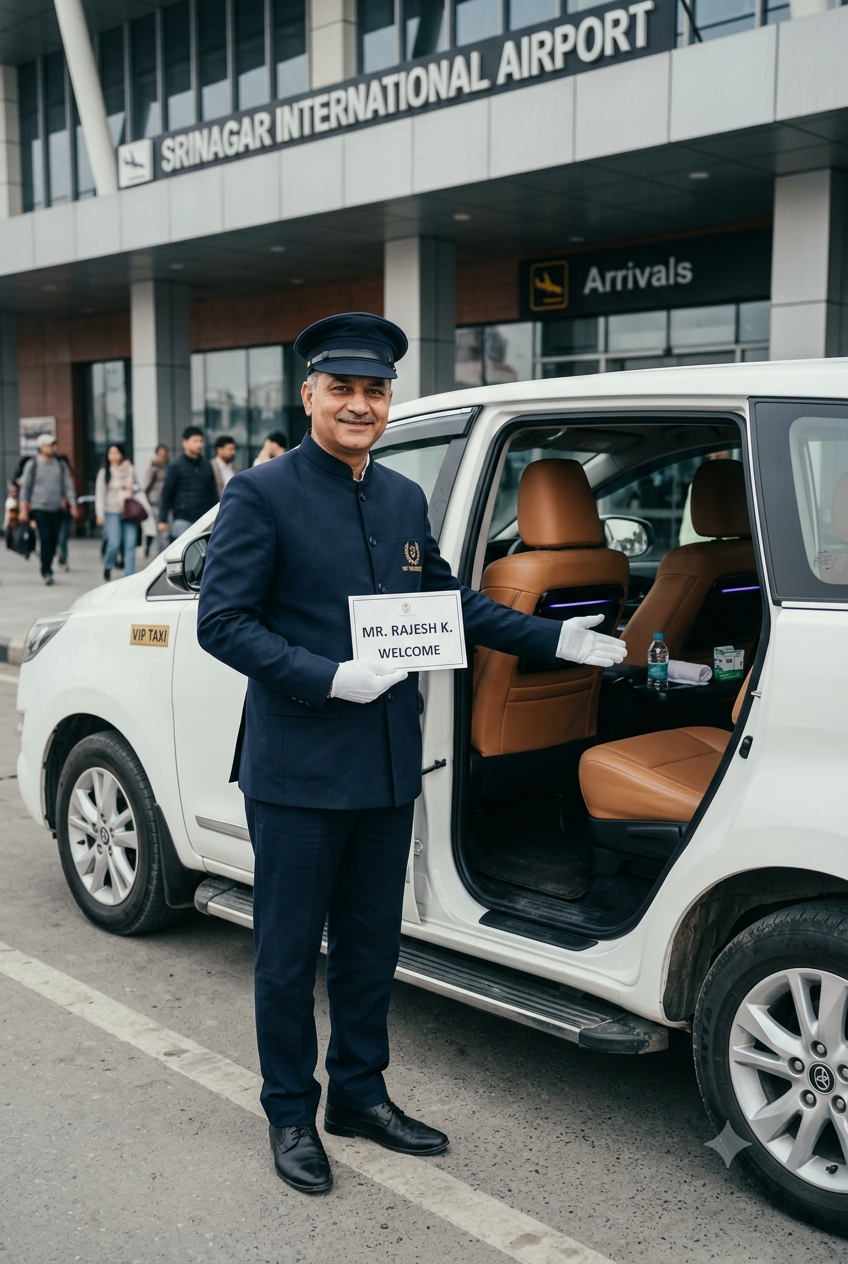 Innova Crysta VIP taxi Srinagar 2026 - professional chauffeur with luxury Innova Crysta at Srinagar Airport arrivals