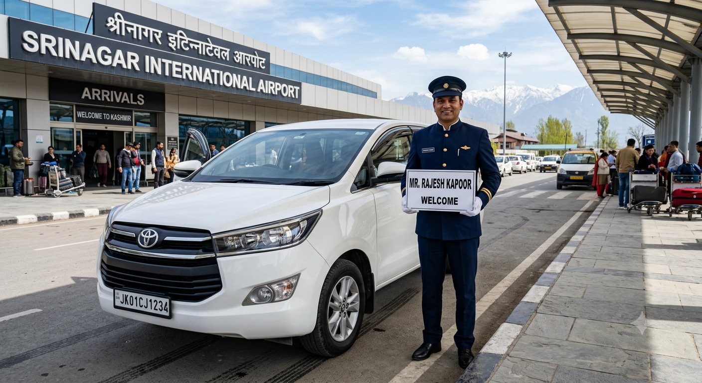 Innova Crysta VIP Taxi Srinagar 2026 | ₹5,500/Day | Book Now 8 Innova Crysta VIP taxi Srinagar 2026 - professional chauffeur with luxury Innova Crysta at Srinagar Airport