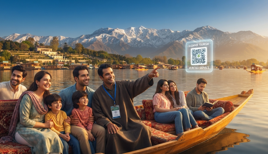 Is Kashmir safe for tourists now - happy travelers enjoying safe shikara ride on Dal Lake with Nature Connect Travels Kashmir tour packages