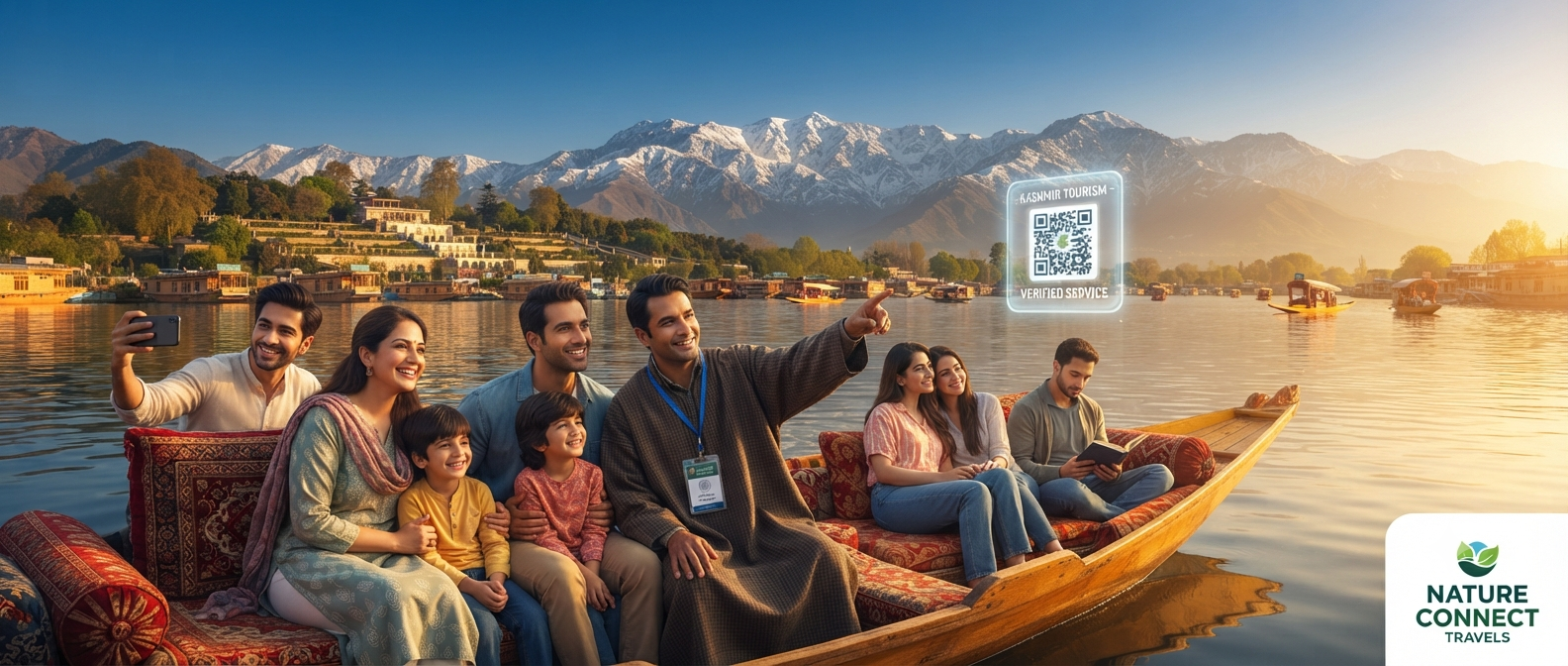 Is Kashmir safe for tourists now - happy travelers enjoying safe shikara ride on Dal Lake with Nature Connect Travels Kashmir tour packages