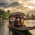 Is it safe to visit Kashmir in August rainy season - Romantic monsoon shikara ride on Dal Lake with colorful umbrellas