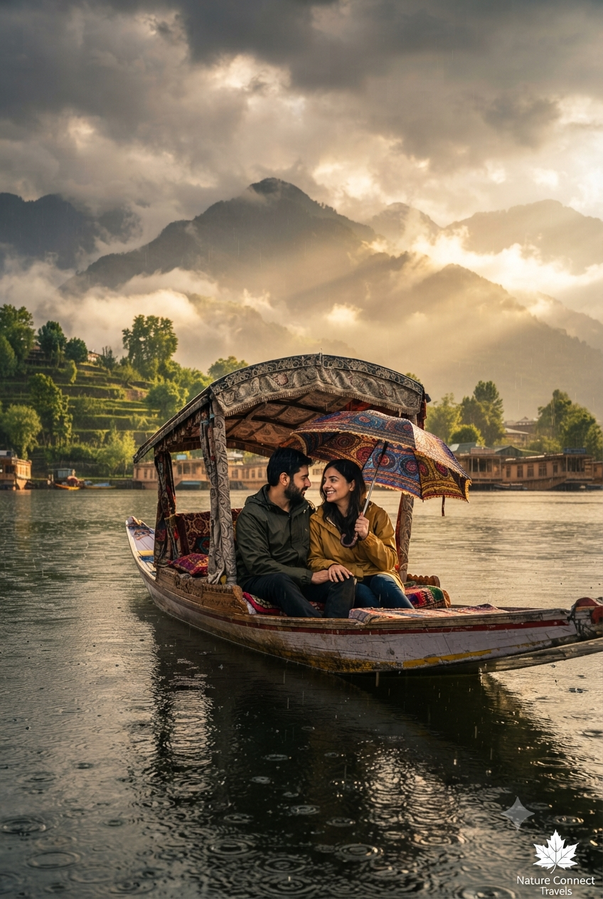 Is it safe to visit Kashmir in August rainy season - Romantic monsoon shikara ride on Dal Lake with colorful umbrellas