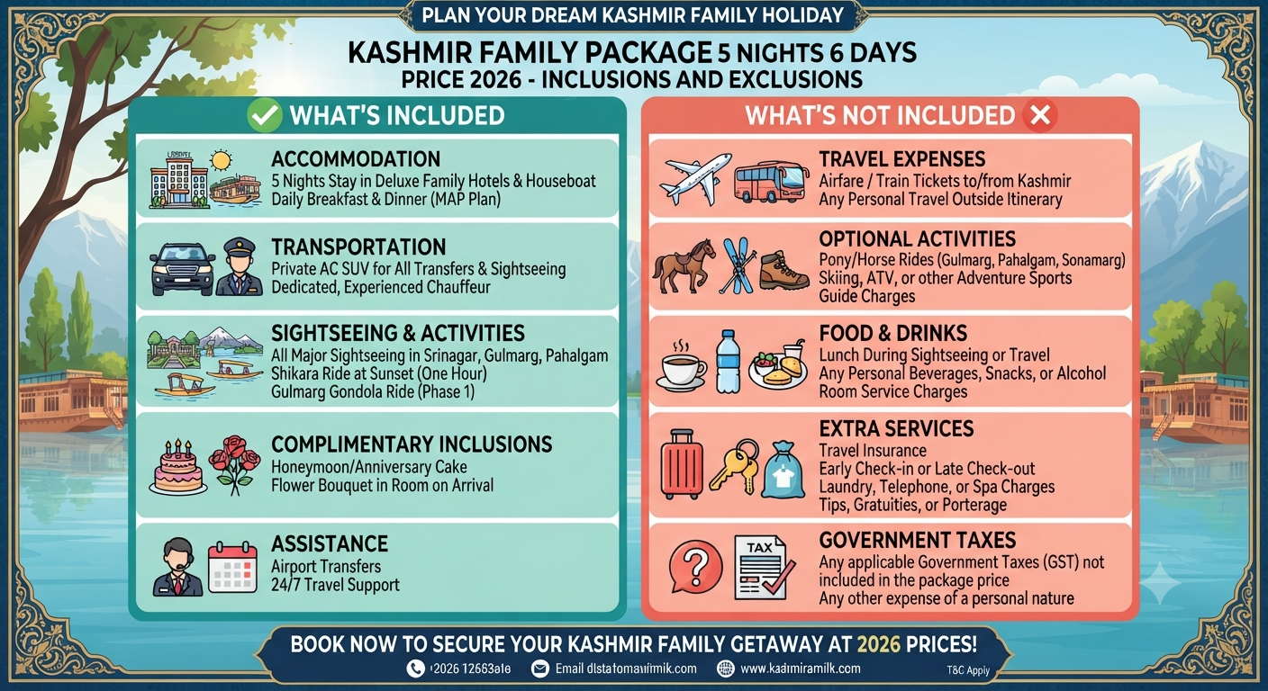 Kashmir 5 Nights 6 Days Family Package Price 2026 | ₹14,500 | Book Now 12 Kashmir 5 nights 6 days family package price 2026 - inclusions and exclusions infographic