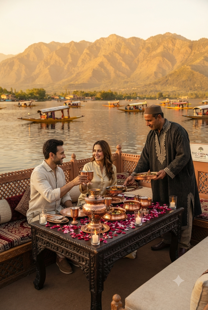 Kashmir 5 star tour package price 2026 - private Wazwan dinner on luxury houseboat at Dal Lake