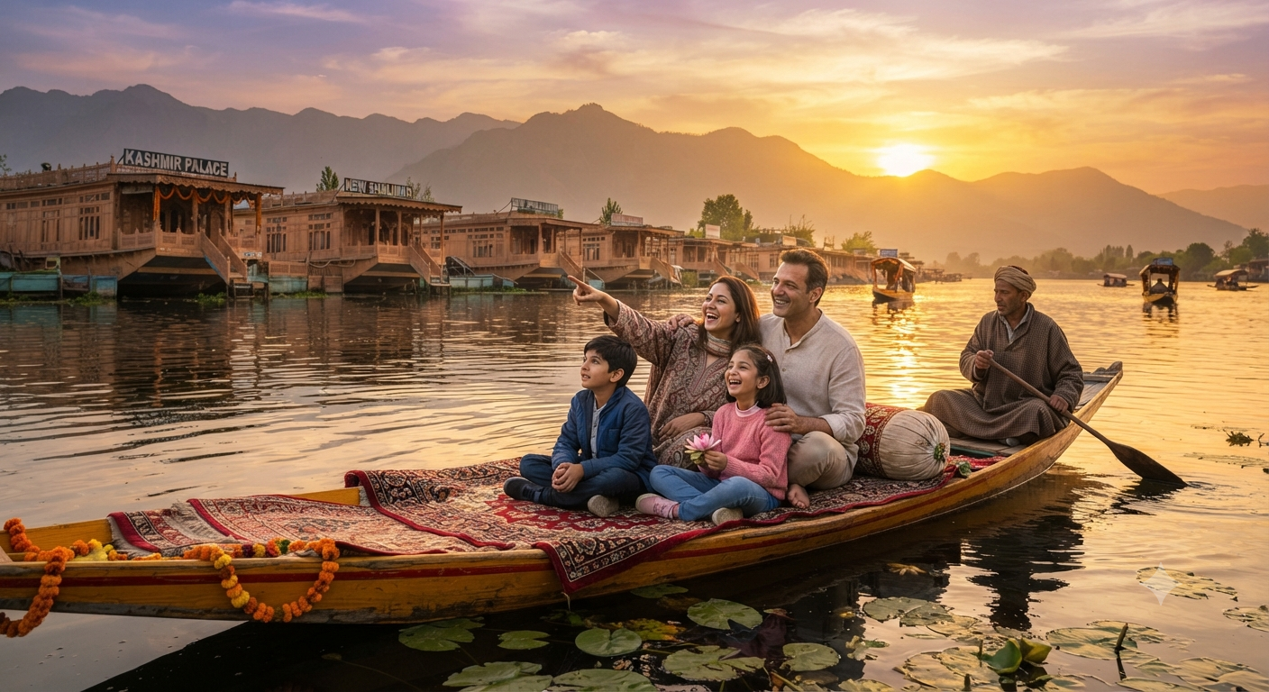 Kashmir 6 Days 5 Nights Family Package 2026 | ₹14,500 | Book Now 12 Kashmir 6 days 5 nights family package 2026 - happy family on shikara at Dal Lake