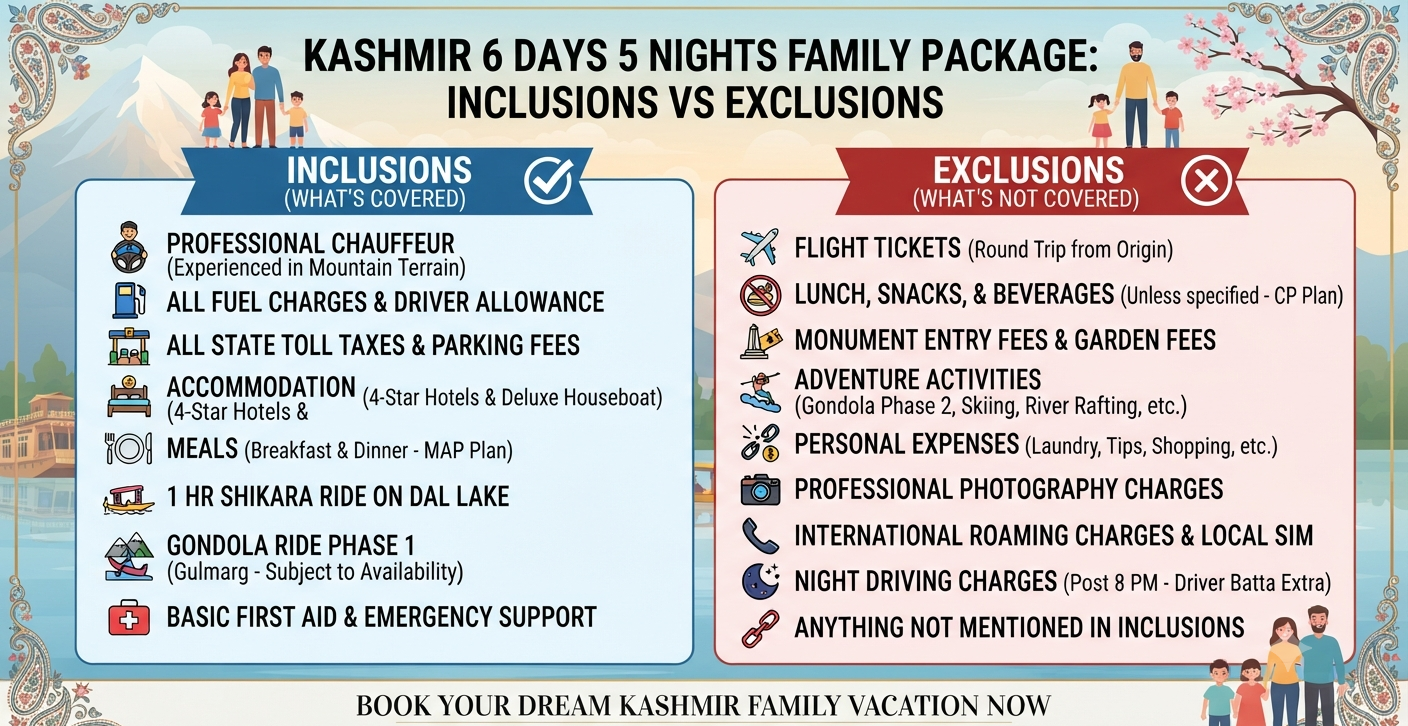 Kashmir 6 Days 5 Nights Family Package 2026 | ₹14,500 | Book Now 15 Kashmir 6 days 5 nights family package 2026 - inclusions and exclusions infographic