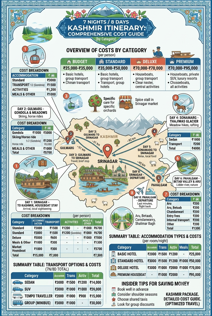 Kashmir 7 nights 8 days itinerary 2026 - complete cost breakdown infographic