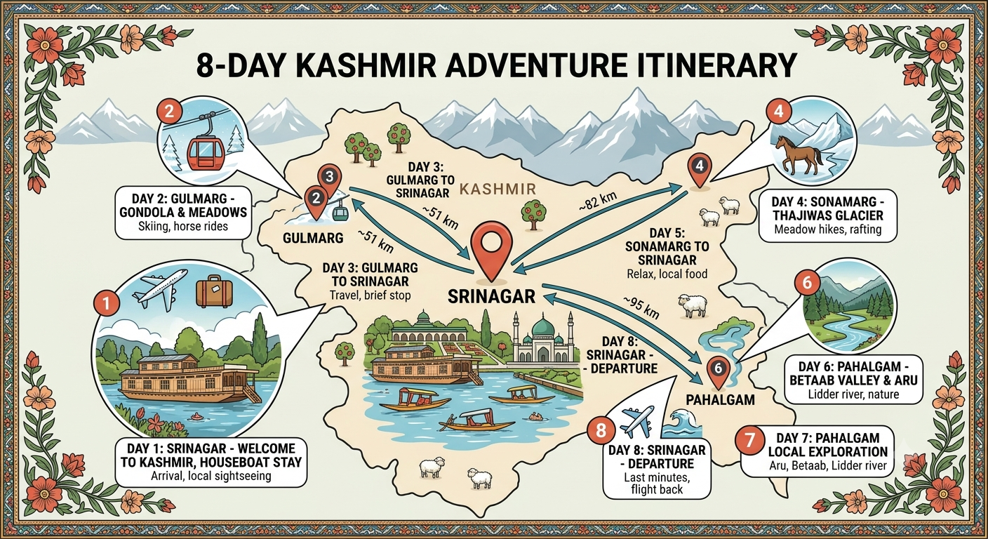 Kashmir 7 nights 8 days itinerary 2026 - complete itinerary map