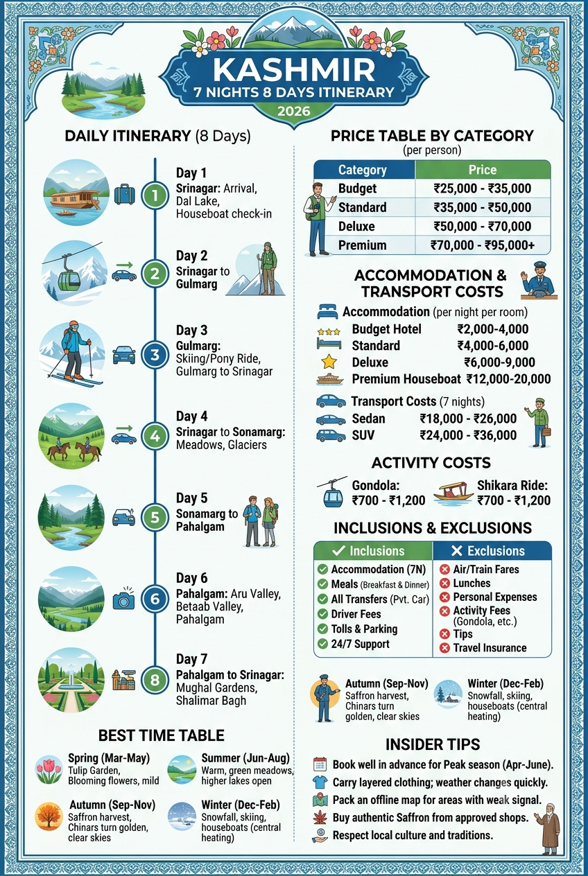 Kashmir 7 nights 8 days itinerary 2026 infographic - day-by-day plan, costs, inclusions, best time